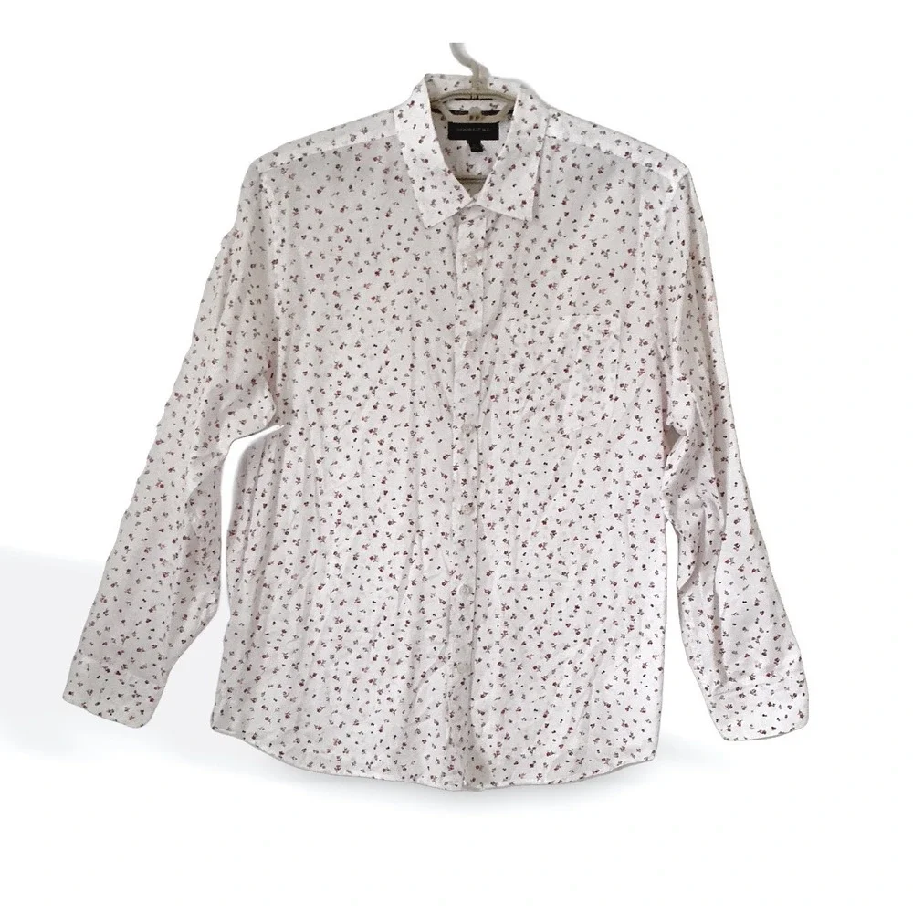 Banana Republic Mens XL Untucked Fit White Red Floral Cotton Button Down Shirt